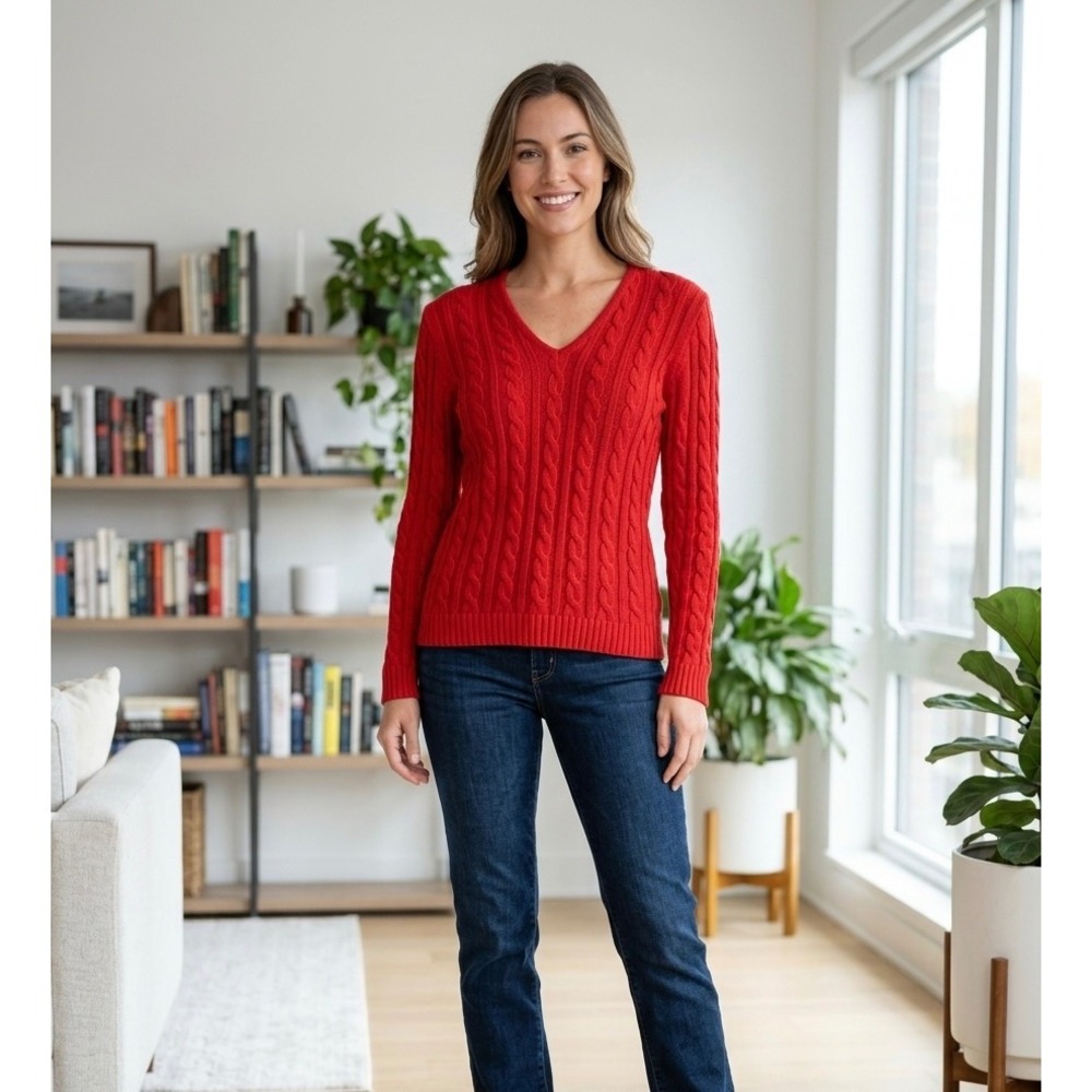 Lauren Ralph Lauren Cable Knit V-Neck Sweater Small Red 100% Cotton